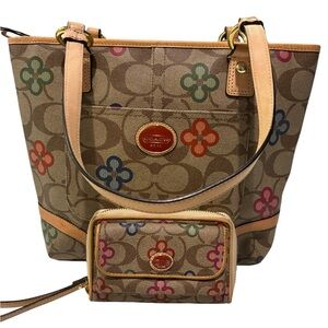 Coach Peyton Signature Clover floral tote bag and coordinating wallet.